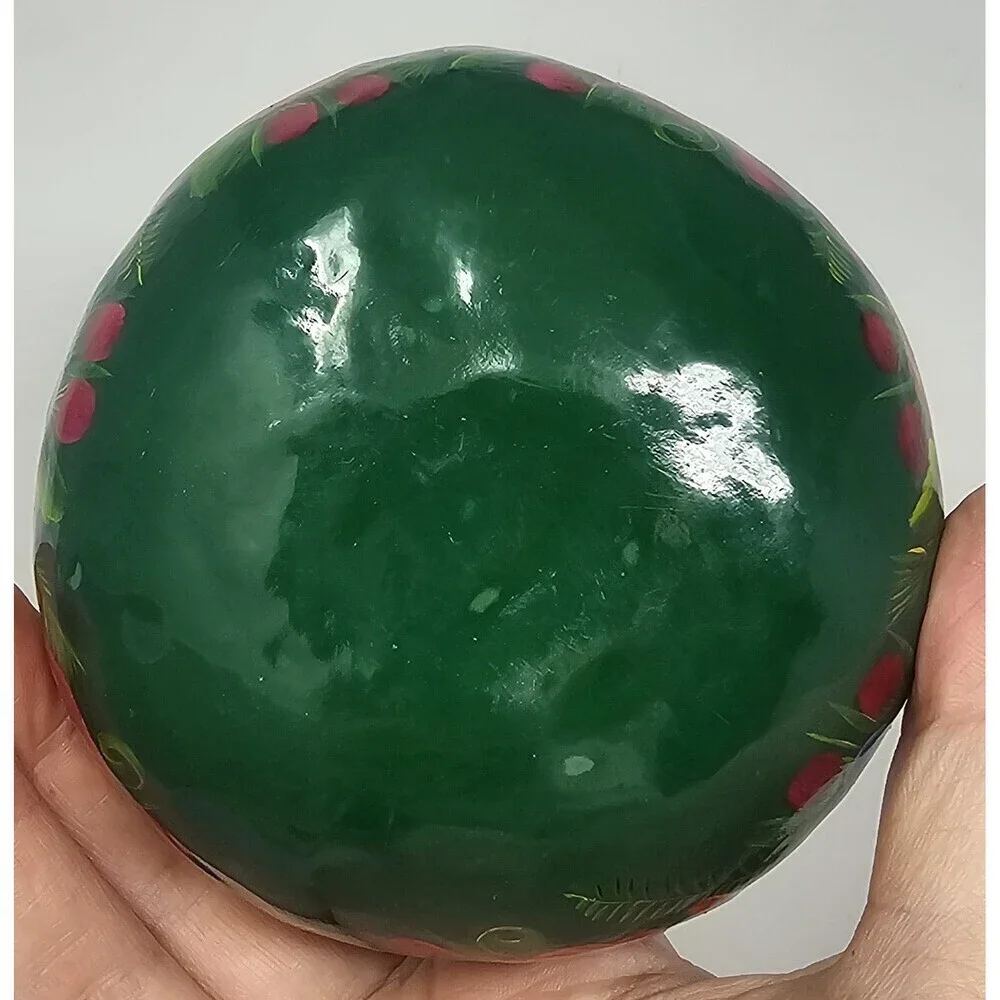 Hand Painted Lacquered Folk Art Olinalá Gourd Trinket Box Green Floral Mexico